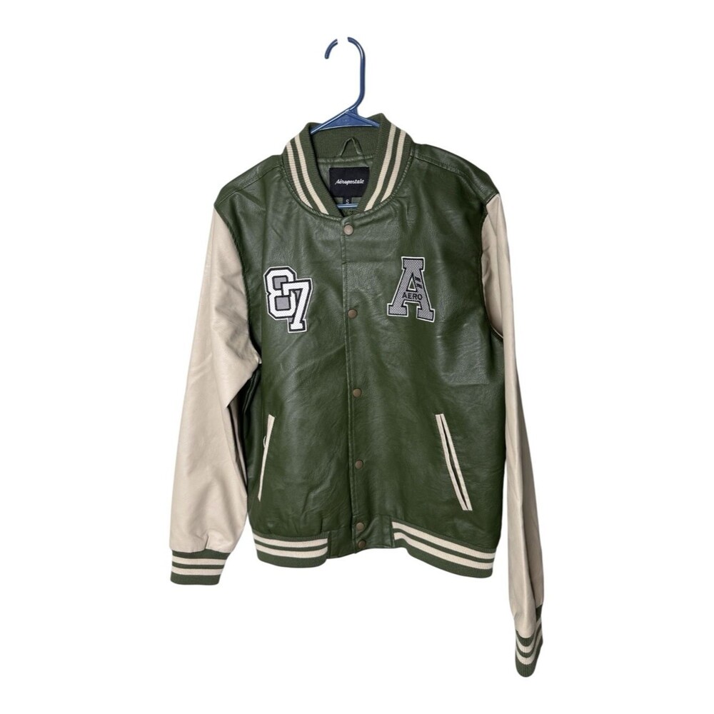 Aeropostale Green Cream Faux Leather Varsity Jacket Size Small NWT